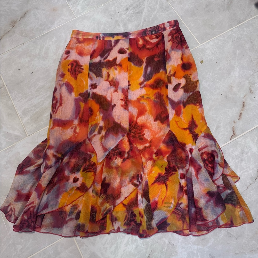 Peter Nygard Asymmetrical Floral Skirt - Red and Orange
